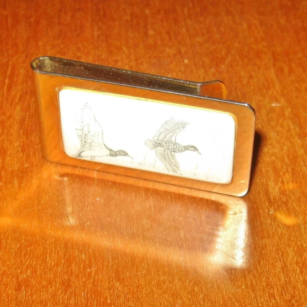 Barlow Money Clip 2 Flying Geese Gold Tone Scrimshaw  2